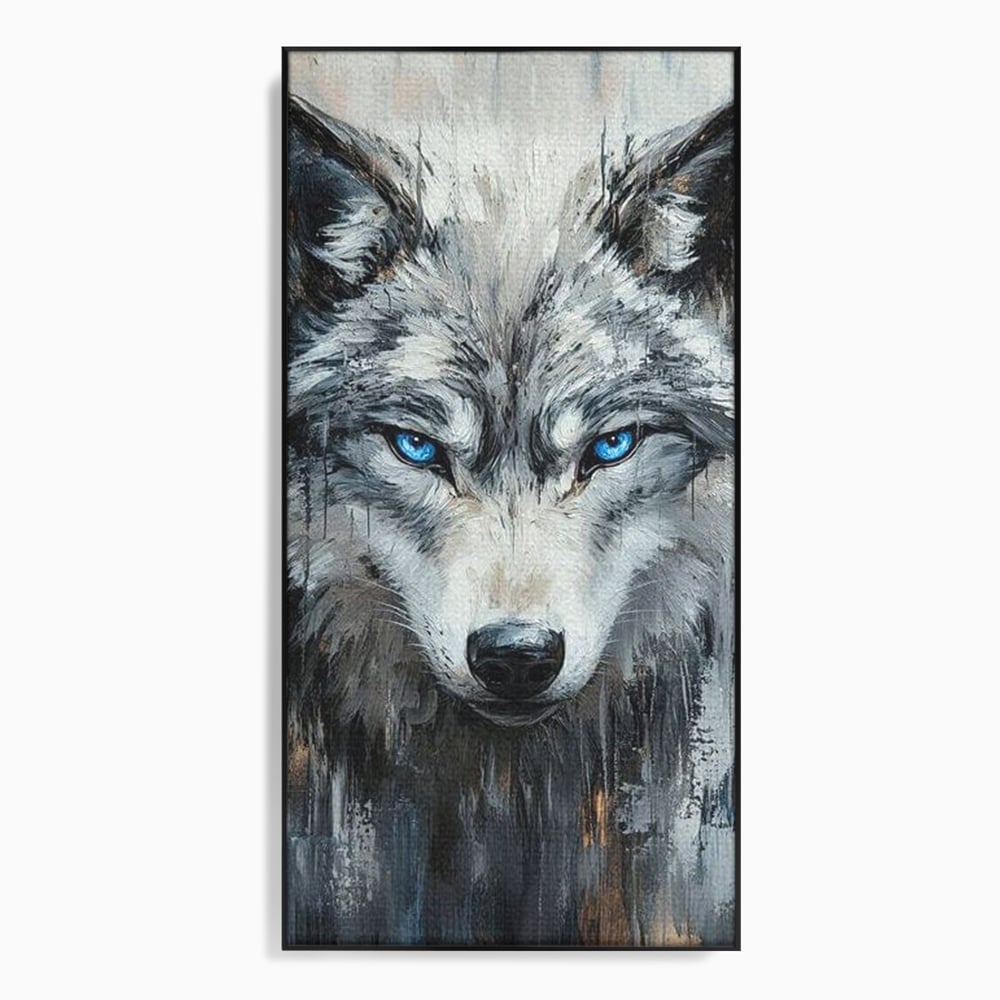 Tablou canvas cu tablou canvas cu portret de lup, in rama de aluminiu negru